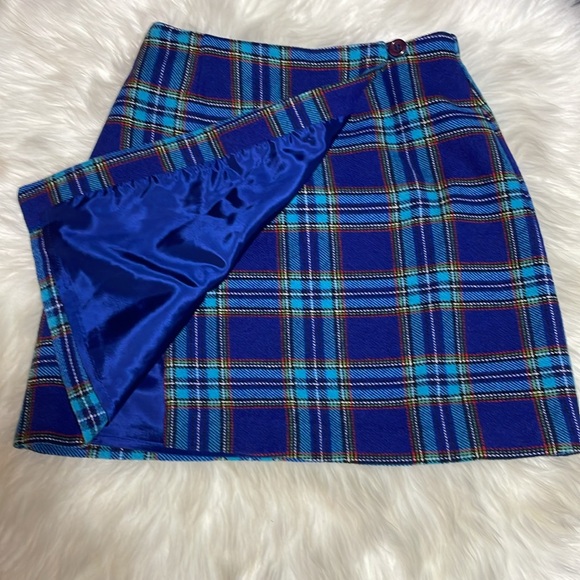 #0071 NEW YORK & CO Wool Blend Blue Plaid Wrap Skirt Mini-4 - Picture 2 of 10